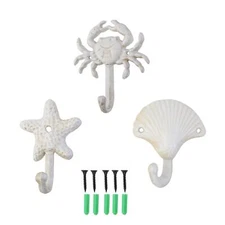 Set of 3 Starfish Seashell Crab Cast Iron Decorative Wall Hooks Coats Aprons ...