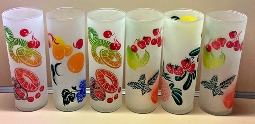 Vtg 6 Federal Glass Frosted Fruit Pattern Tom Collins Tall Glasses 1960's