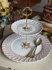 Porcelain Two-Tier Cake Stand, Floral, Gold Handle, Round, Glossy