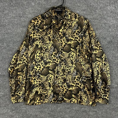 Vintage Escada Top 36 Silk Satin Leopard Blouse Animal Print Gold Germany Luxury