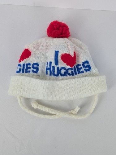 Vintage HUGGIES Infant BABY Winter Hat Beanie Red Pom Advertising Diapers