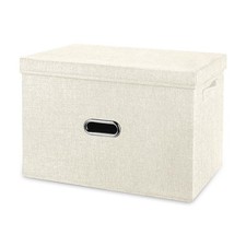 Large Linen Fabric Foldable Storage Bins with Removable Lid and Handles, Wash...