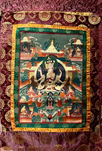 tibetan buddhist thangka painting, hand painted on cloth with silk border 30x41 