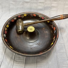 Nut Cracker Vintage Turned Wood Bowl W/ Mallet Hammer Metal Heads Center