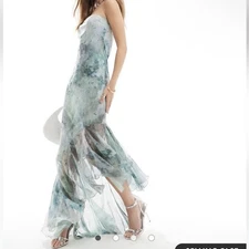 ASOS DESIGN bandeau maxi dress with asymmetric ruffle hem in marble print