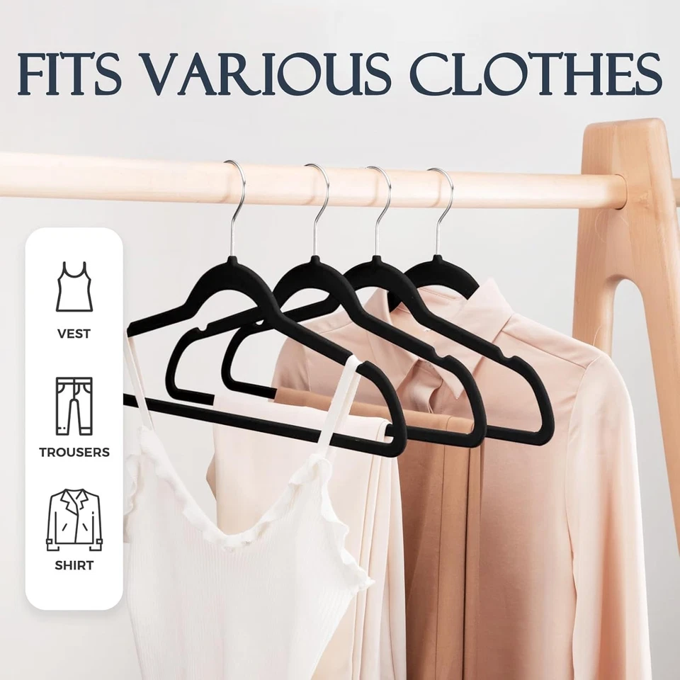 Paquete de 60 perchas de terciopelo negro, perchas de fieltro antideslizantes de alta resistencia para abrigo Foto 3 de 4