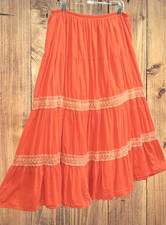 VTG Tiered Long Crochet Peach Boho Full Cotton Pleated Lined Maxi Skirt Sz. L/XL