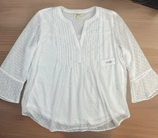 Style & Co Pintuck Blouse Top White Textured V-Neck Ruffle Sleeve Women Sz L NWT