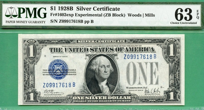 ERROR & EXPERIMENTAL ZB BLOCK - 1928B $1 SC - PMG CU 63 EPQ - Fr 1602exp