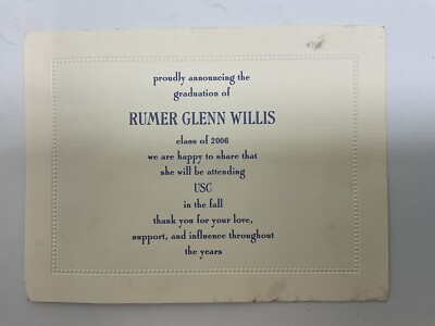 Rumer Glenn Willis 2006 Graduation Announcement Card 7x5in Embossed Border  | eBay