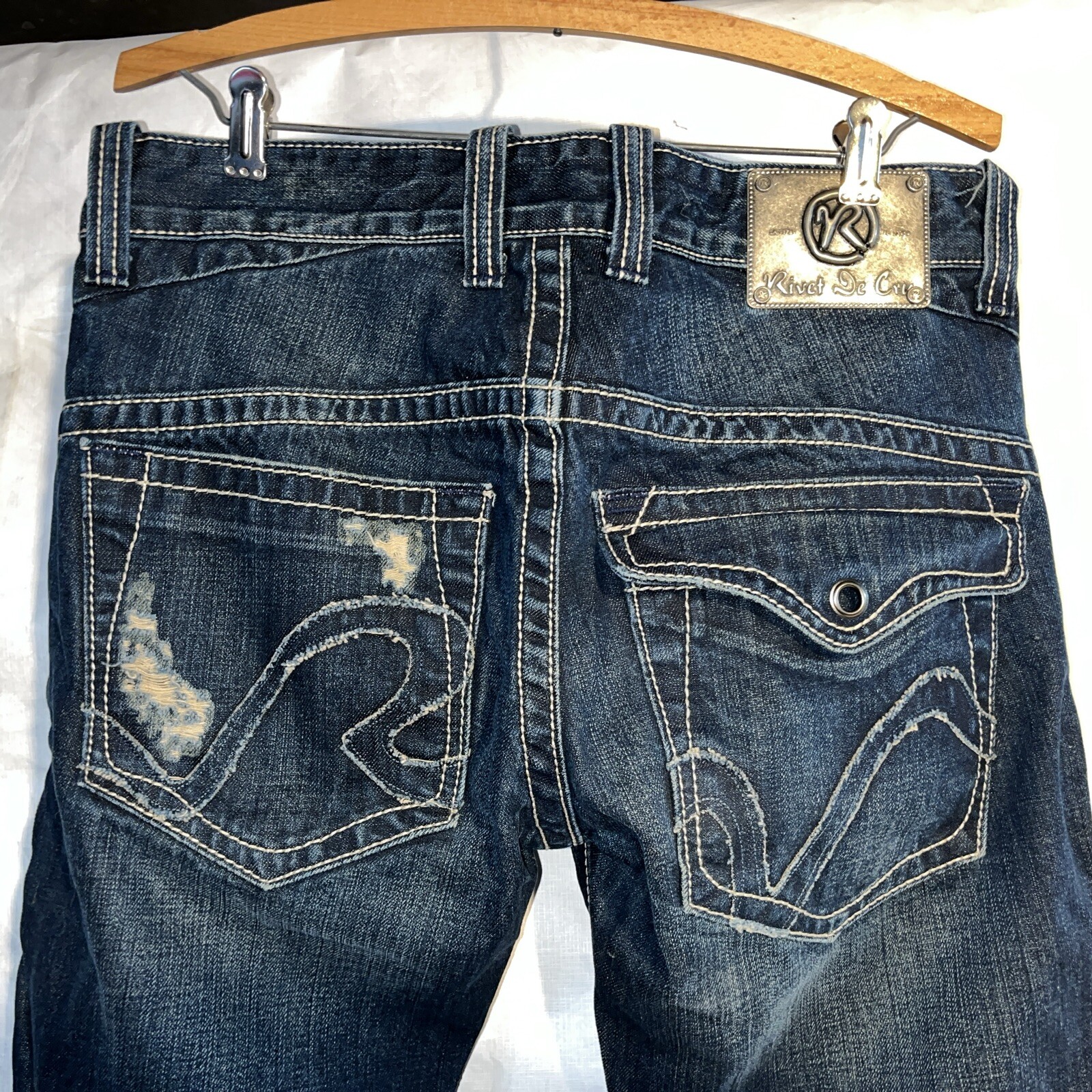 Rivet De Cru Size 31 Dark Denim Jeans Button Fly Distressed Whiskers