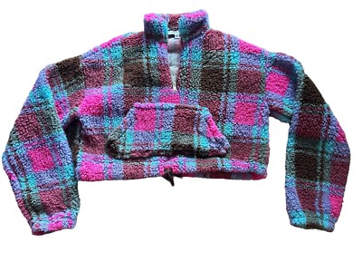 MISS SELFRIDGES Pink/Blue Plaid Cropped Jacket 1/4 Zip Size S