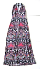 Viereck Blue Pink Floral Paisley Sleeveless Stretch High Neck Long Maxi Dress M
