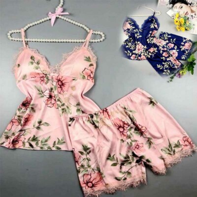 Sleepwear Silk Lace Vest Pyjama Plus Size Set Cami Lingerie Satin