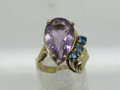14k Yellow Gold Pear Cut Purple Amethyst Round Blue Spinel Wave Ring Size 6.25