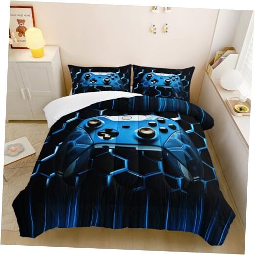 Bedding Set,Gaming 3D Quilt Set,Honeycomb Gaming Comforter Set Twin Gamepad