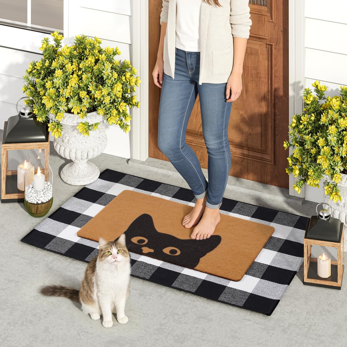 Welcome Door Mat Combo Set Plaid 28x43 And Cat 17x30 Inch Front