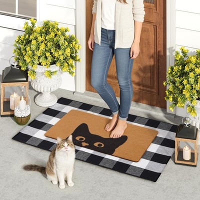 Welcome Door Mat Combo Set Plaid 28x43 And Cat 17x30 Inch Front