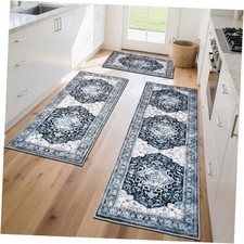 Kitchen Rug Set 3Pcs, Boho Rug Sets Non Slip Washable for Floor Thick Blue