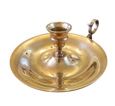 Vintage Solid Brass Candle Holder Chamberstick w Drip Plate Ring Loop 6'' Round