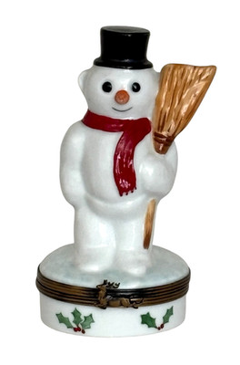 Limoges France Peint Main Chamart Trinket Box Snowman with Broom