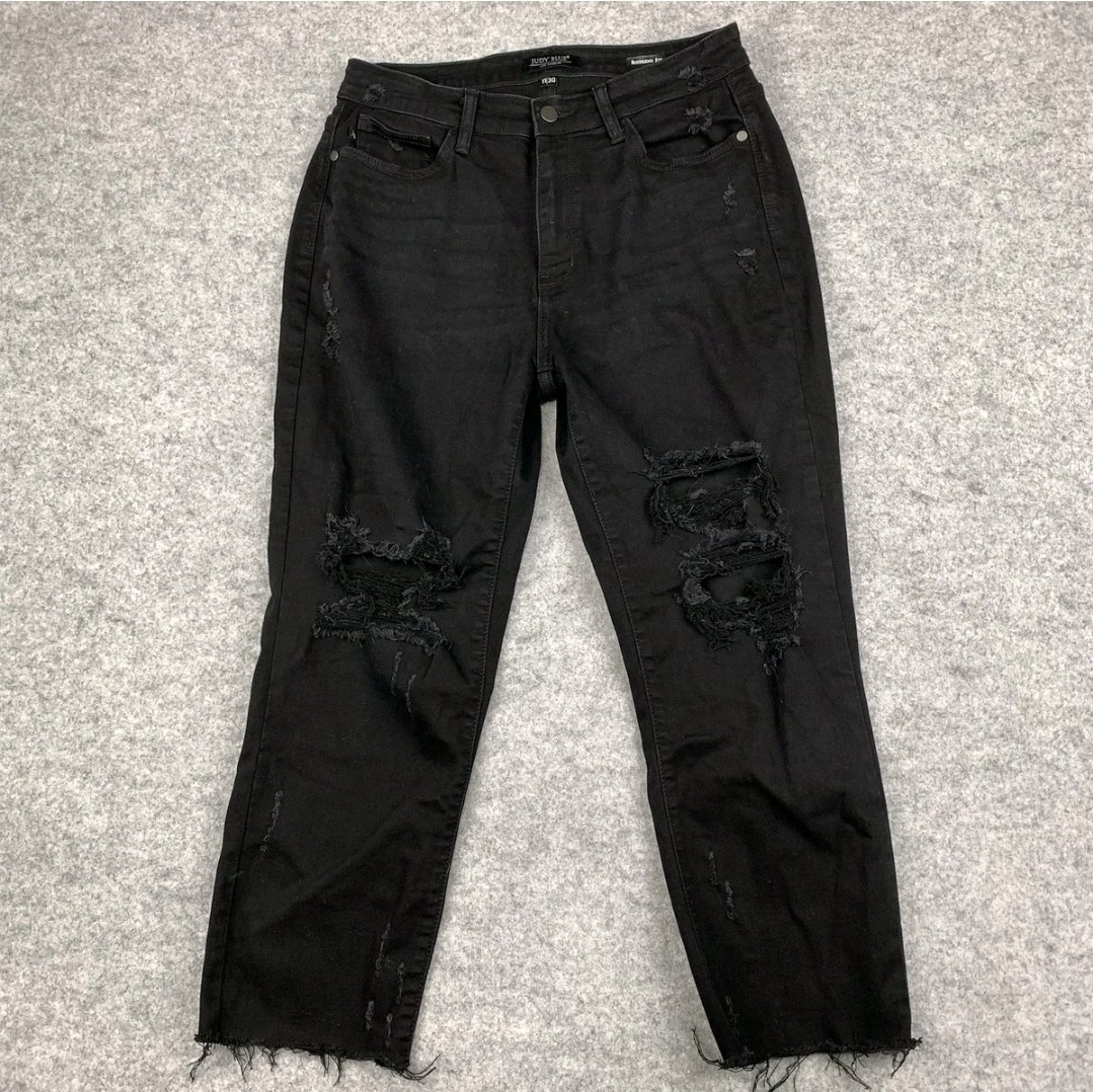 Judy Blue Womens Size 11/30 Boyfriend Fit Black Distressed Ripped JB82161BK