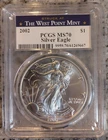 2002-W American Silver Eagle $1 PCGS MS70 - Struck At West Point Mint Label