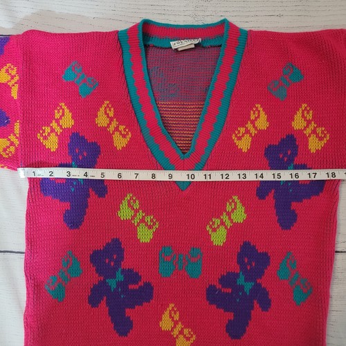 Jet set Sweaters Size L 14 Vintage Youth Knit Teddy Bear Bow Pink V-Neck Sweater - Picture 5 of 8