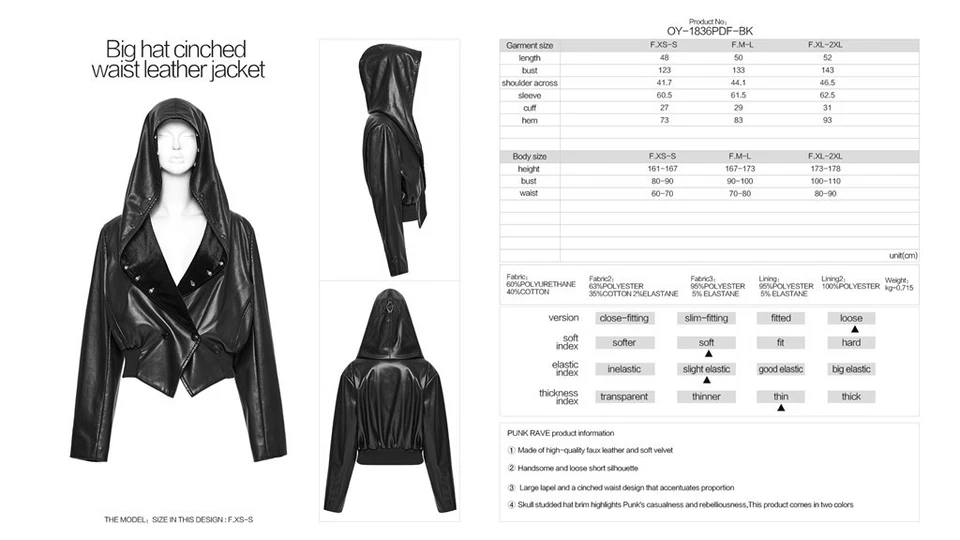 Chaqueta corta Punk Rave para mujer negra gótica punk solapa cuero con capucha Foto 3 de 4