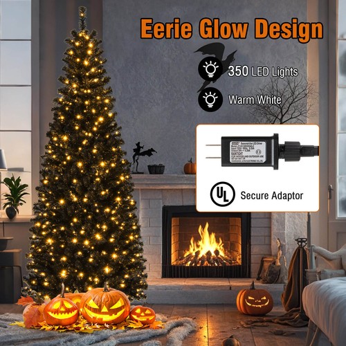 Costway 7' Pre-lit PVC Christmas Halloween Pencil Tree Black w/ 350 LED Lights - Picture 7 of 8