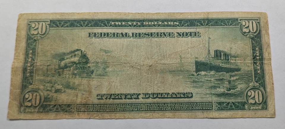 Series 1914 $20 FRN Chicago 7G VG/F Blue Seal Burke/Houston Rare Large Type Note - Image 2 of 2