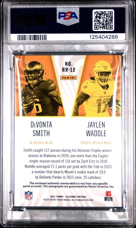 2021 PANINI ILLUSIONS DUAL PATCH AUTO DEVONTA SMITH/JAYLEN WADDLE RC /20 PSA 10 - Image 2 of 2