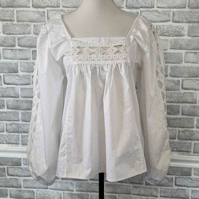 Anthropologie Devotion Twins White 100% Cotton Eyelet Boho Peasant Blouse S