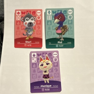 Nintendo Animal Crossing Amiibo Trading Cards Shari #044 Phil #057 Monique #058