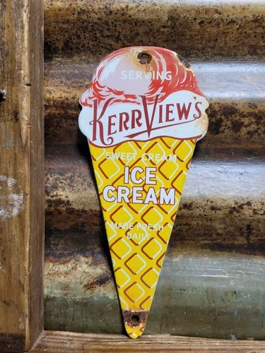 VINTAGE KERR VIEW ICE CREAM PORCELAIN SIGN DESSERT SWEET CREAM CANDY CONE  SHOP