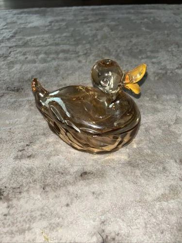 Jeanette Marigold 6” Carnival Glass Duck Trinket Candy Dish W/ Lid VTG