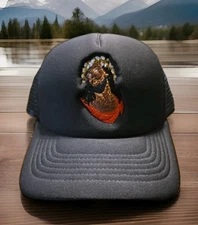 NEW DENIM TEARS “JESUS” TRUCKER HAT BLACK– ONE SIZE – LEATHER STRAP CLOSURE