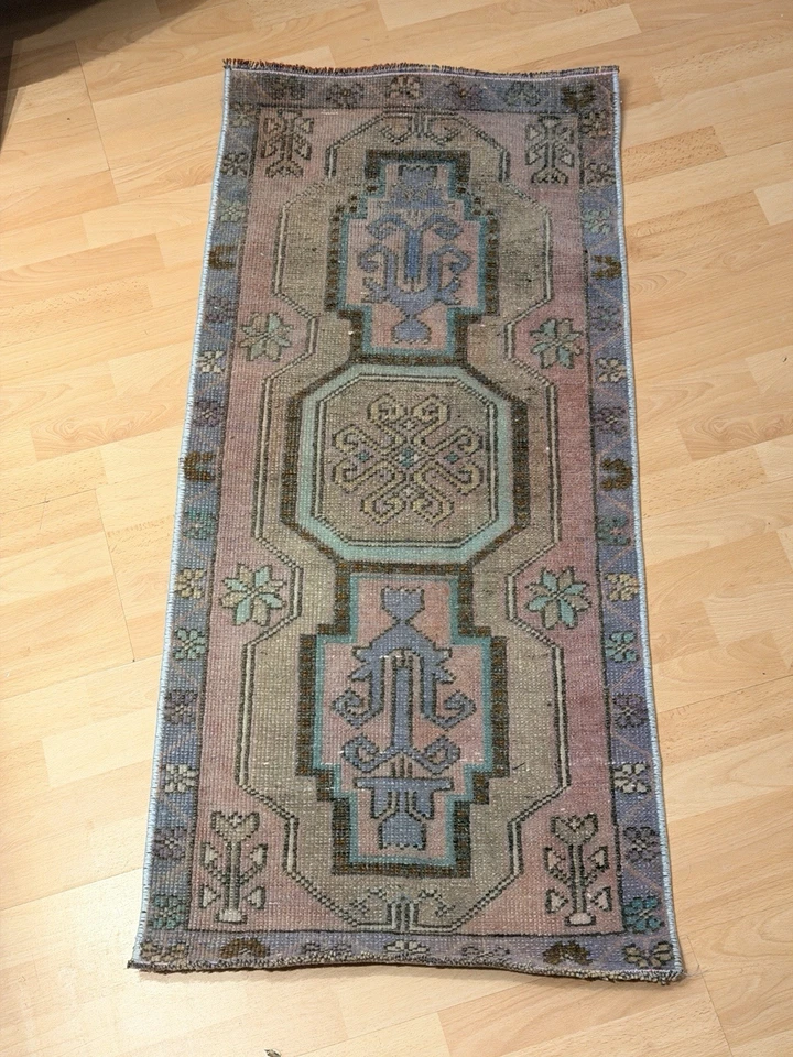 Alfombra de lana hecha a mano turca pequeña corredor alfombra felpudo alfombra rústica granja Foto 3 de 4