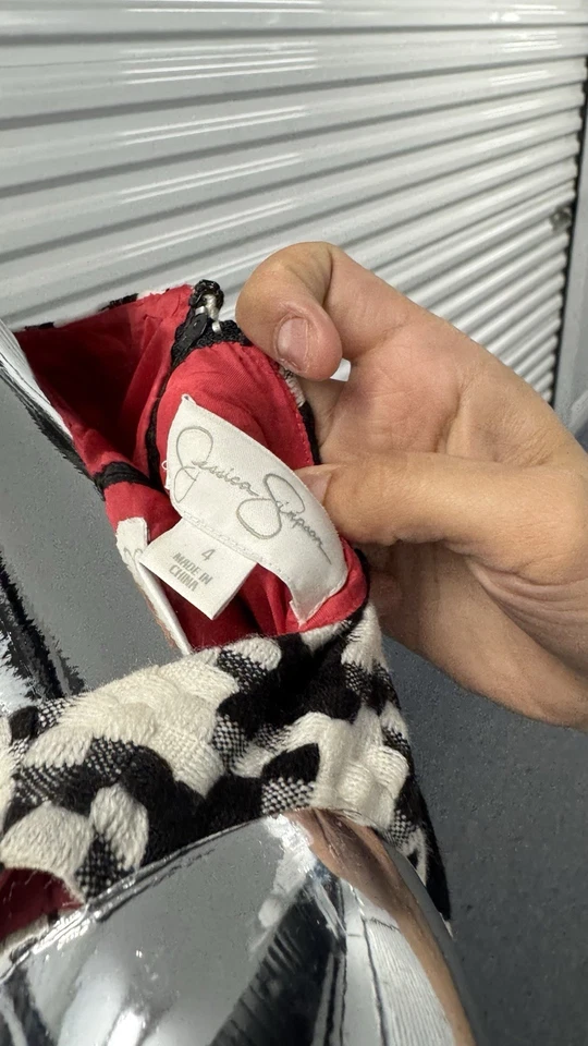 Vestido Jessica Simpson Blanco y Negro Pata de Gallo Ajuste Acampanado SL Old Money Talla 4 Foto 3 de 4