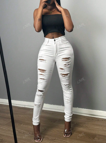 Pantalon Blanco Para Mujer de Mezclilla Pantalones Casuales Elegantes Vaqueros - Picture 2 of 9