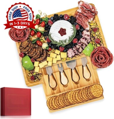 Tabla de quesos y juego de cuchillos de bambú para vino, queso y regalos US NEW