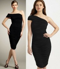 Elie Tahari Hudson Black Ruched Knit Jersey One Shoulder Dress L $398 