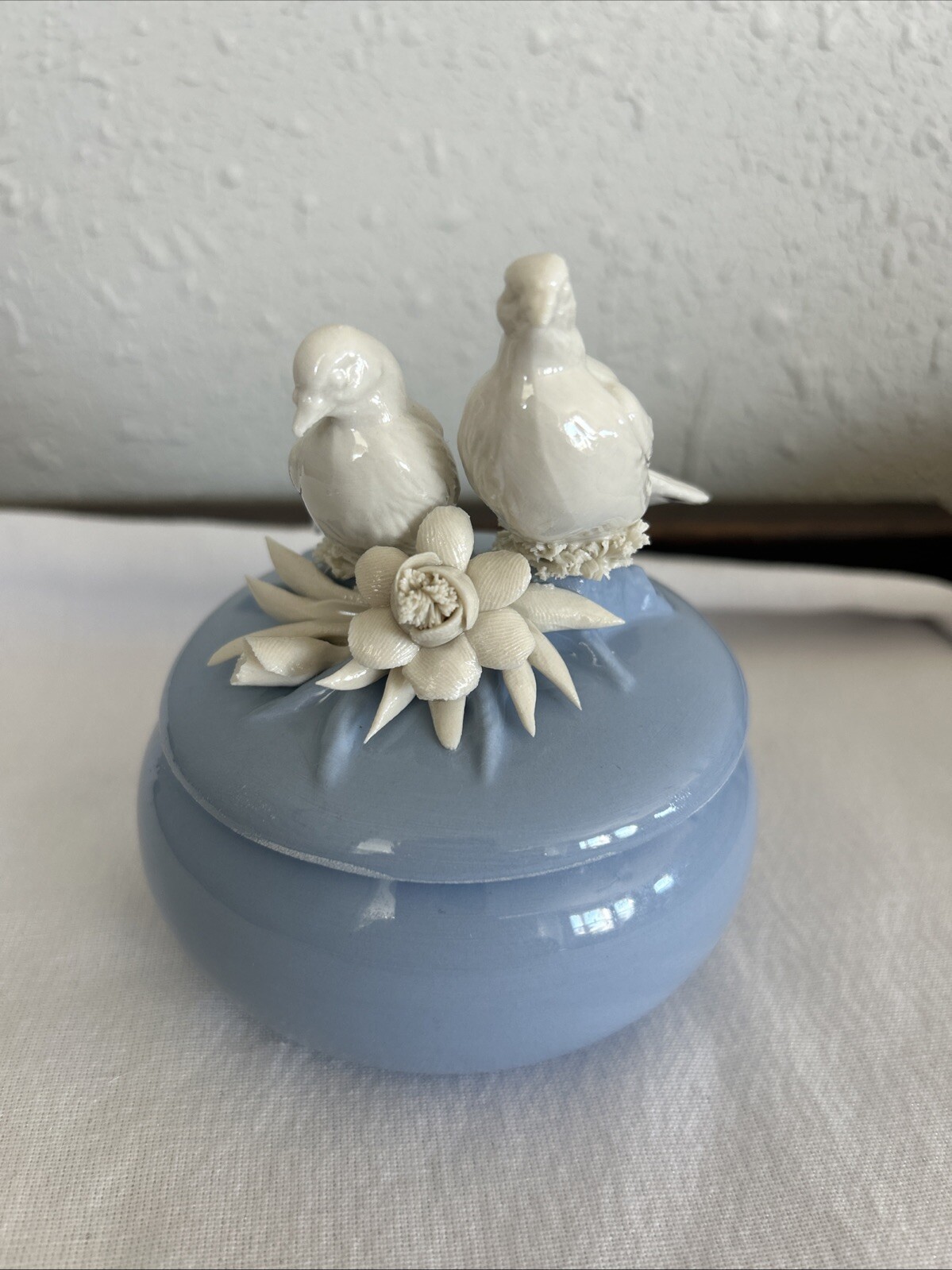 Vintage Italian Blue Trinket box With Doves Flowers Capodimonte Jewelry Box Gift