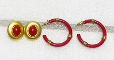 Red Enamel Earrings Pierced Gold Tone 2 Pairs EUC
