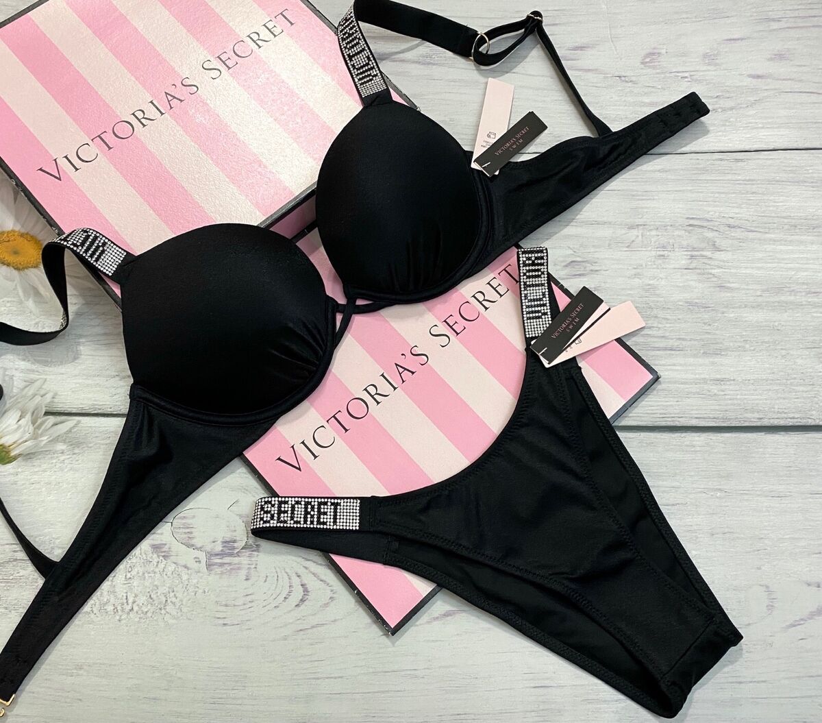 Victorias Secret Shine Strap Bombshell Push-up Brazilian Swim Set Black 34B