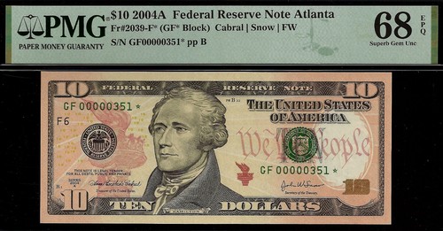 2004A $10 Federal Reserve Note Atlanta PMG 68EPQ 2nd finst low serial Fr 2039-F* - Picture 2 of 3