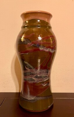 Large Studio Pottery Vase Signed Waldman earthy browns and burgundy colors