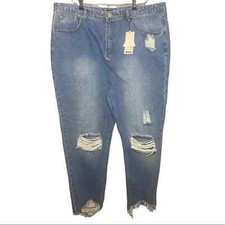 NEW Boohoo Blue Plus High Rise Medium Wash Distressed Mom Jeans 16