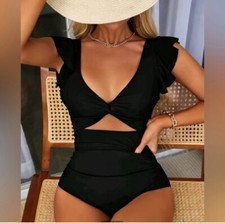 New Women  s Black One Piece Swimsuit Ruffle Sleeve V-Neck NWT Size Large