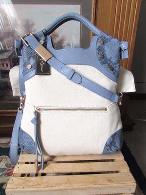 NWT~FOLEY & CORINNA CERBERUS LADY TOTE BLUE LEATHER SNAKE & NATURAL CANVAS ~$328